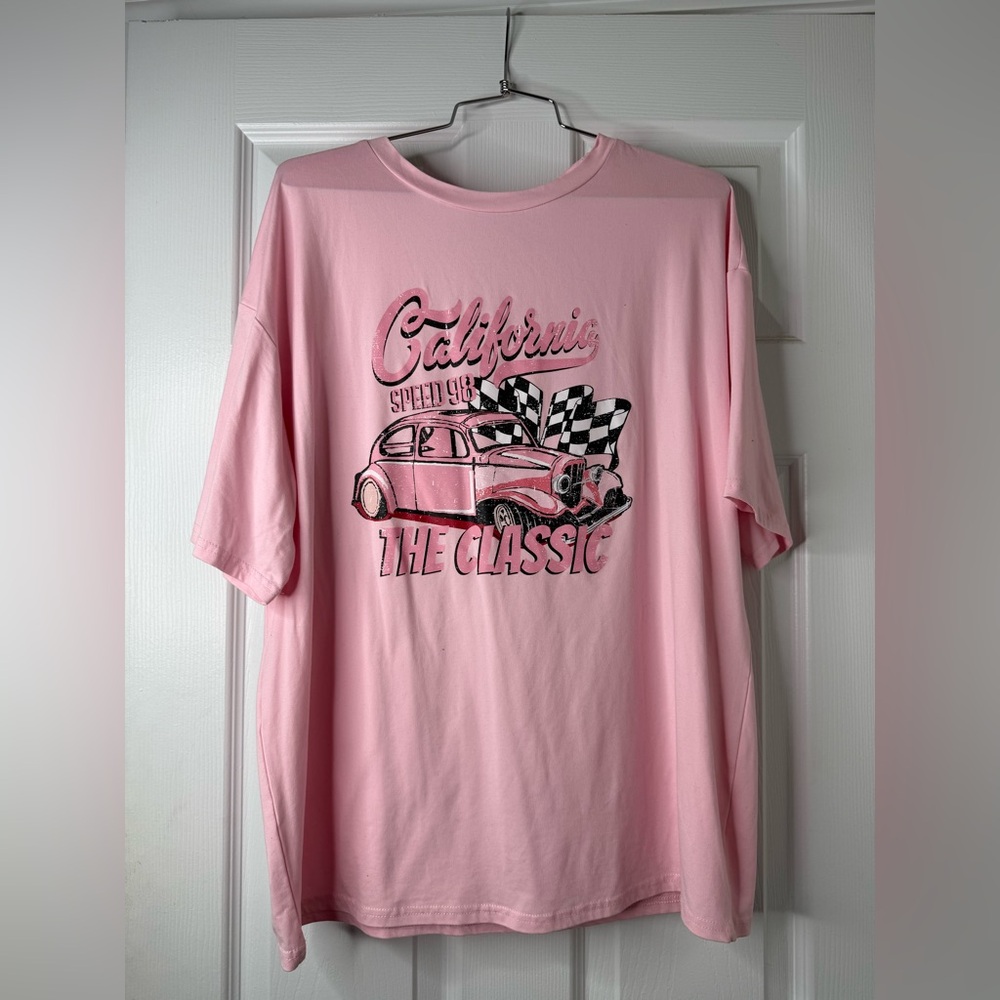 SHEIN Pink Classic Car Graphic Short Sleeve Tee